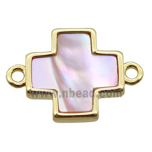 pink queen shell cross connector, gold plated