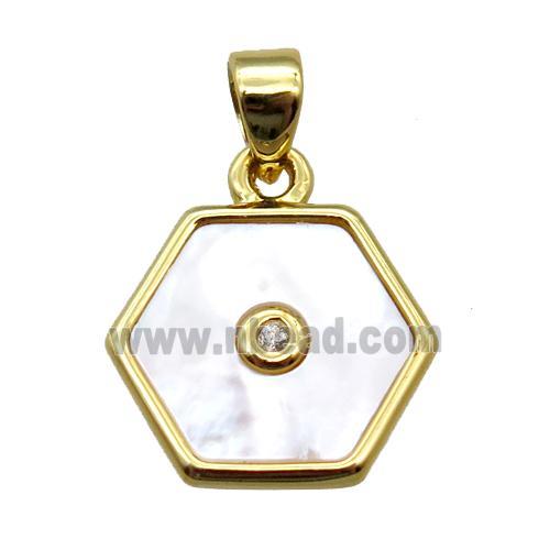 white Pearlized Shell hexagon pendant, gold plated