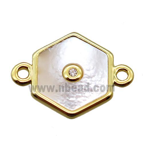 white Pearlized Shell hexagon connector, gold plated
