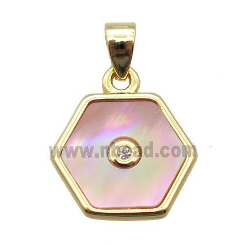 pink Queen Shell hexagon pendant, gold plated
