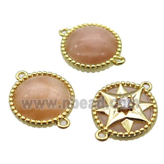 peach sunstone circle connector, gold plated