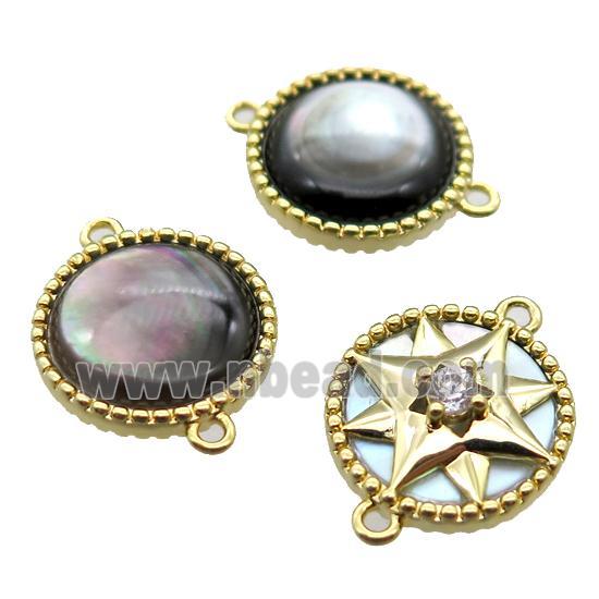 black Abalone Shell circle coin connector, gold plated