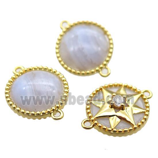 blue lace agate circle connector, gold plated