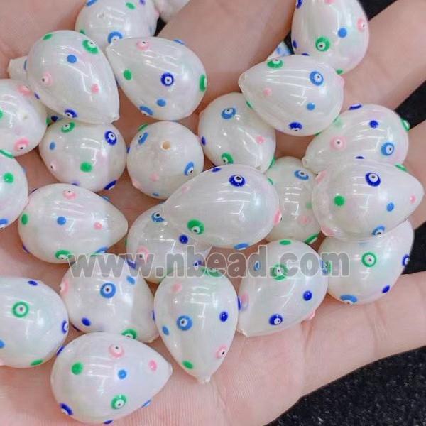 white Pearlized Shell teardrop beads with evil eye