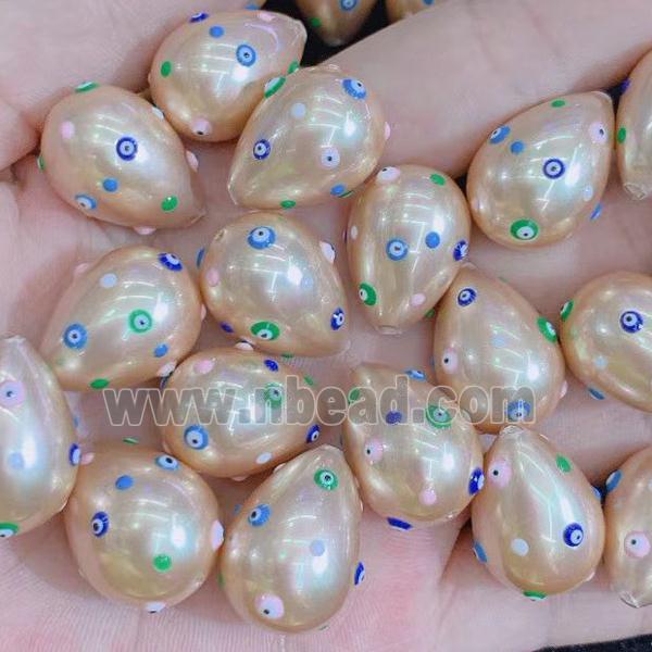 champagne Pearlized Shell teardrop beads with evil eye