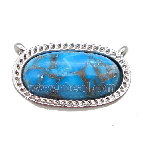 blue Turquoise pendant with 2loops, oval, platinum plated