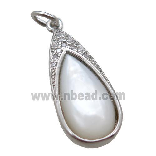 white Pearlized Shell pendant, teardrop, platinum plated