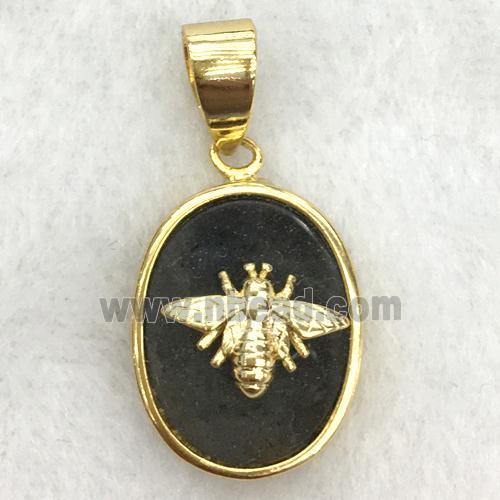 black onyx agate oval pendant with honeybee