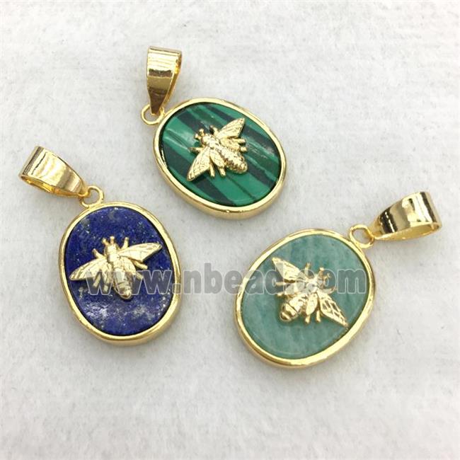mixed gemstone oval charm pendant with honeybee