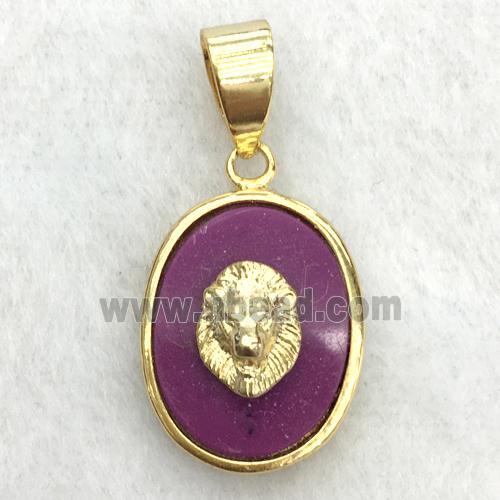 purple jade oval pendant with lionhead