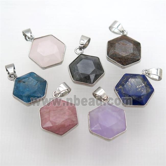 mixed Gemstone pendant, faceted hexagon