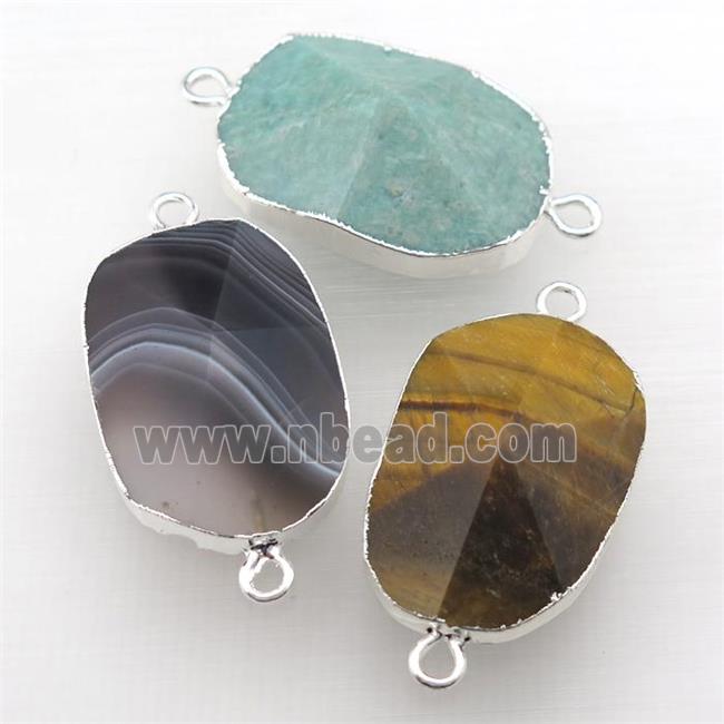 mixed Gemstone connector, point, freeform, silver plated