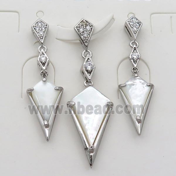 copper Stud Earrings and pendant pave zircon with white pearlized shell, platinum plated