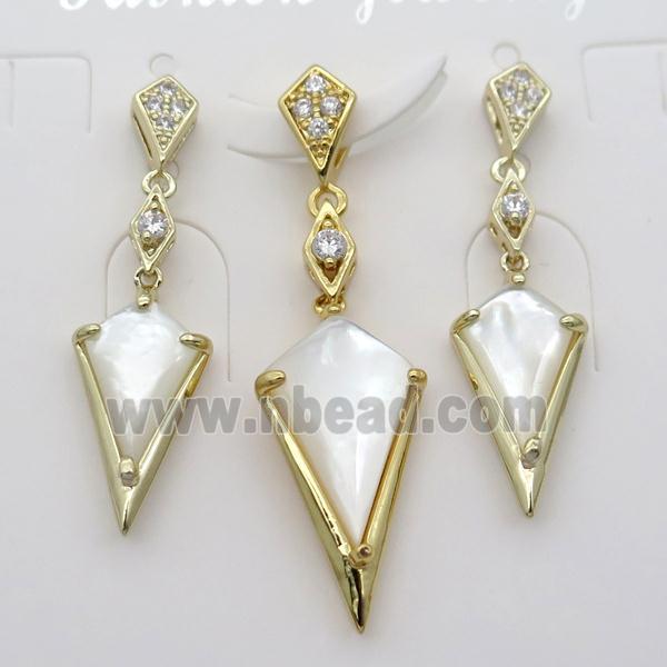 copper Stud Earrings and pendant pave zircon with white pearlized shell, gold plated
