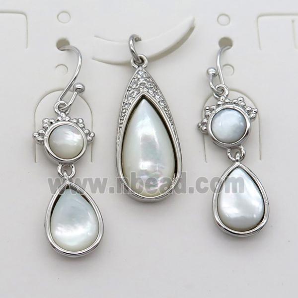 copper Hook Earrings and pendant pave zircon with white pearlized shell, platinum plated