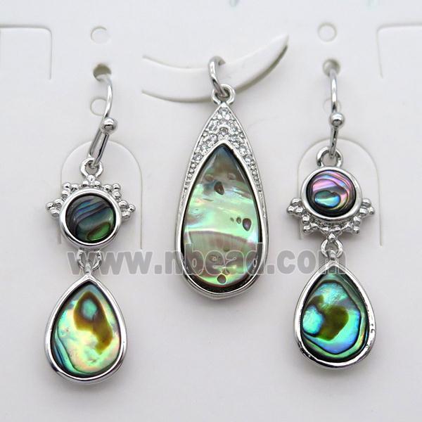 copper Hook Earrings and pendant pave zircon with Abalone shell, platinum plated