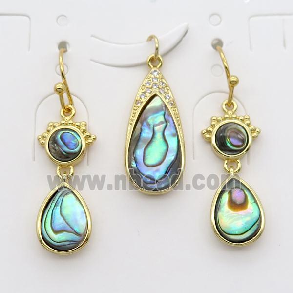 copper Hook Earrings and pendant pave zircon with Abalone shell, gold plated