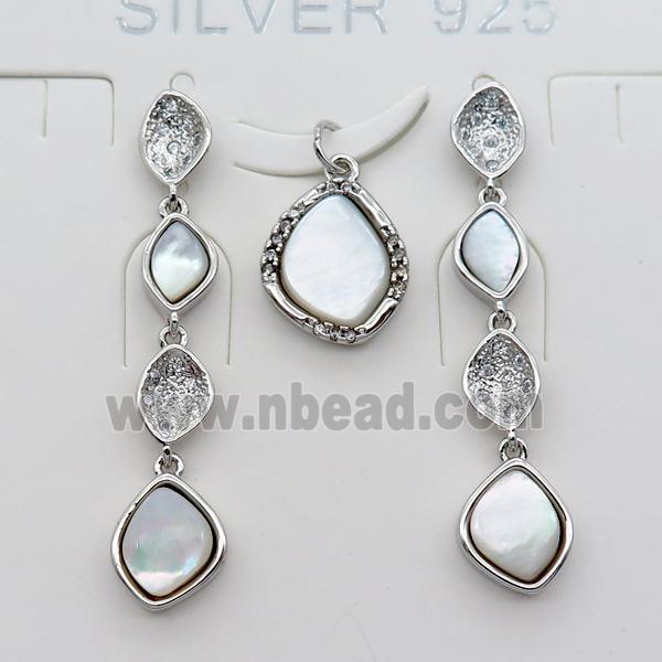 copper Stud Earrings and pendant pave zircon with Pearlized shell, platinum plated