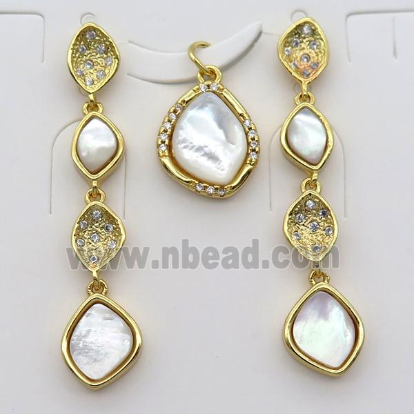 copper Stud Earrings and pendant pave zircon with Pearlized shell, gold plated