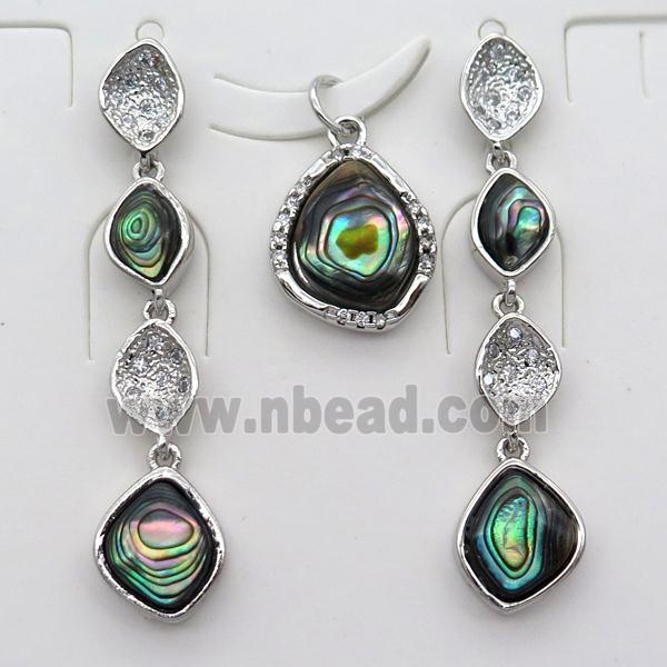 copper Stud Earrings and pendant pave zircon with Abalone shell, platinum plated