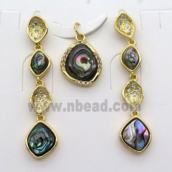 copper Stud Earrings and pendant pave zircon with Abalone shell, gold plated