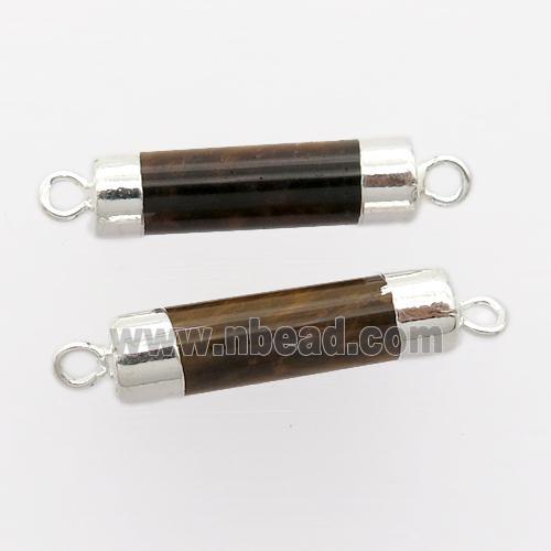 Tiger eye stone column connector, silver plated