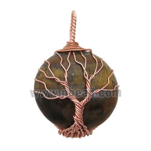 tiger eye stone pendant with wire wrapped, tree of life, rose gold