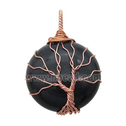 black onyx pendant with wire wrapped, tree of life, rose gold