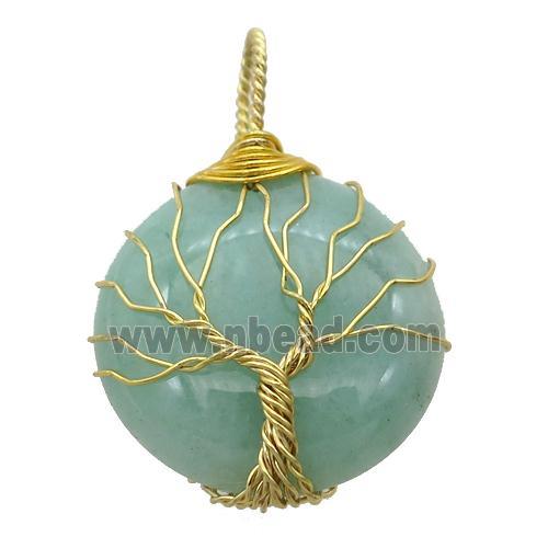 green Aventurine pendant with wire wrapped, tree of life, gold plated
