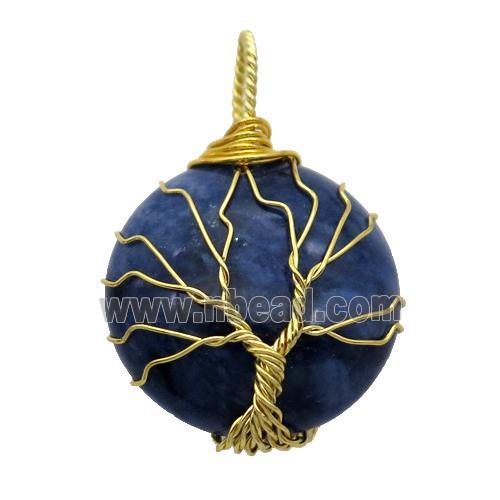 blue Sodalite pendant with wire wrapped, tree of life, gold plated