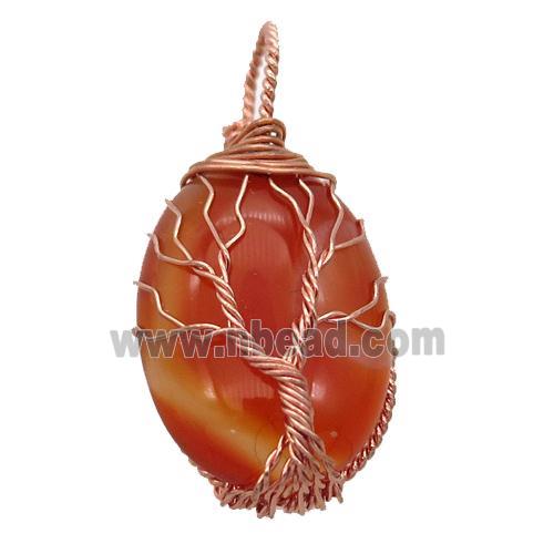 Red Carnelian Agate oval pendant with wire wrapped, tree of life, rose gold