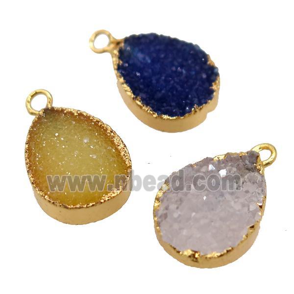 druzy agate pendant, teardrop, gold plated, mixed