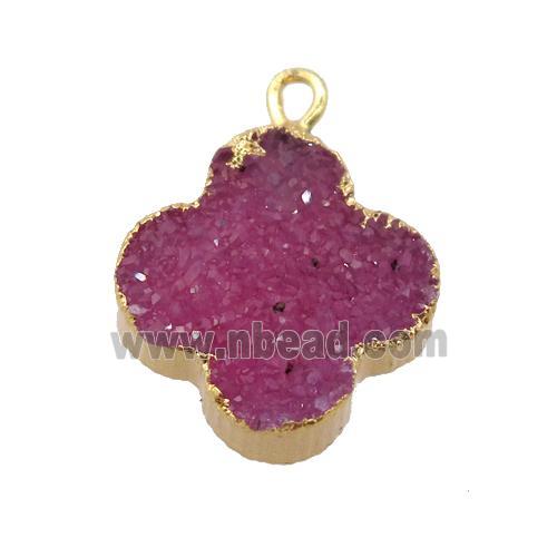 hotpink druzy agate clover pendant, gold plated