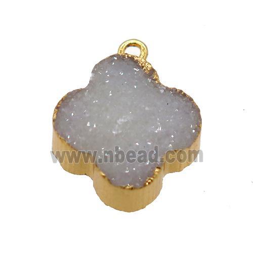white druzy agate clover pendant, gold plated