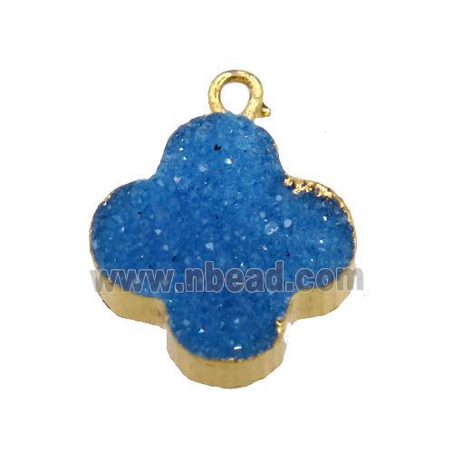 blue druzy agate clover pendant, gold plated