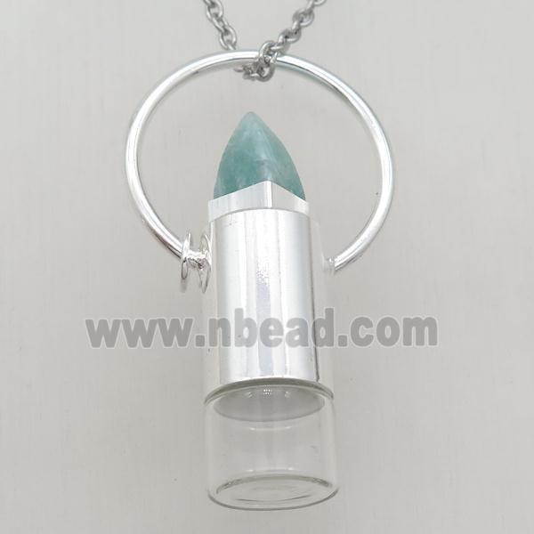copper perfume bottle Necklace with amazonite, shinny silver plated