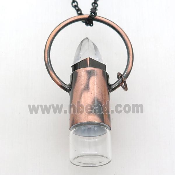copper perfume bottle Necklace with clear quartz, antique red