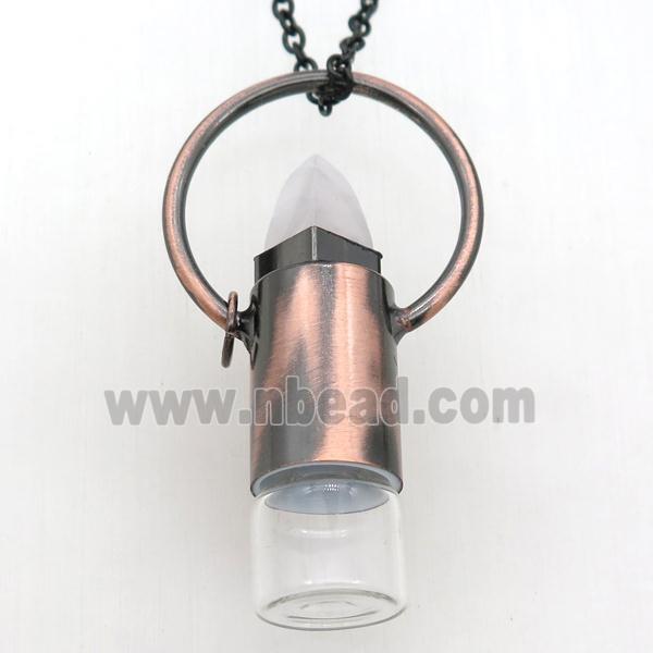 copper perfume bottle Necklace with rose quartz, antique red