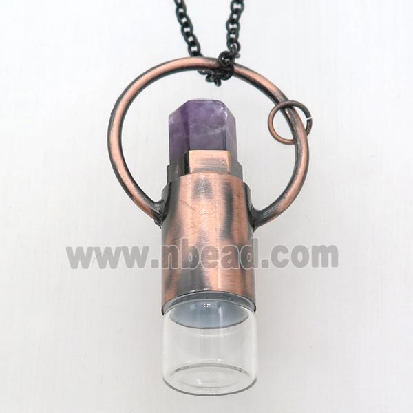 copper perfume bottle Necklace with amethyst, antique red