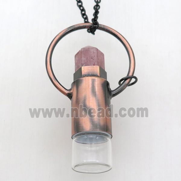 copper perfume bottle Necklace with strawberry quartz, antique red