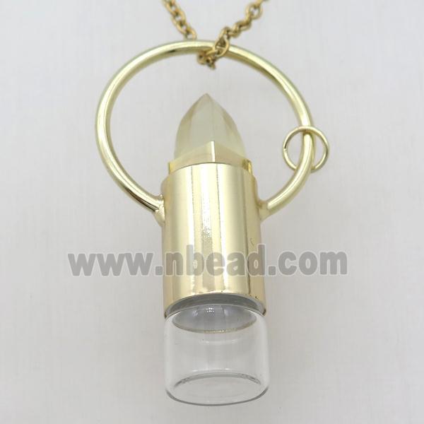 copper perfume bottle Necklace with lemon quartz, gold plated