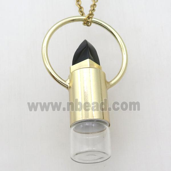 copper perfume bottle Necklace with black onyx, gold plated