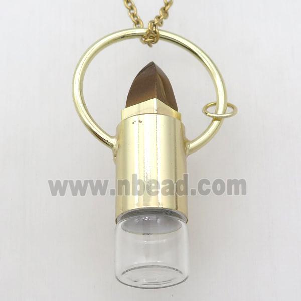copper perfume bottle Necklace with tiger eye stone, gold plated