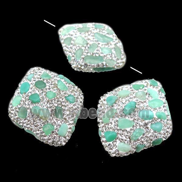 Clay rhombic Beads paved rhinestone with Chrysoprase