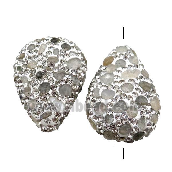 Clay Beads paved rhinestone with Labradorite, flat teardrop
