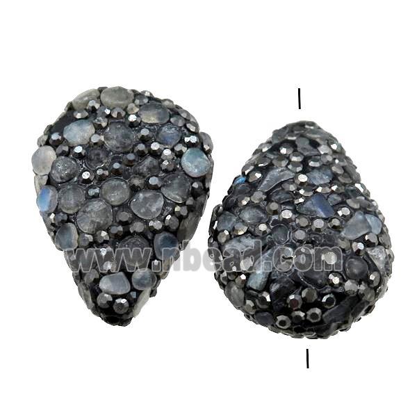 Clay Beads paved rhinestone with Labradorite, teardrop