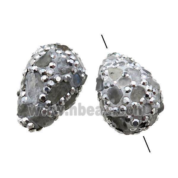 Clay Beads paved rhinestone with Labradorite, teardrop