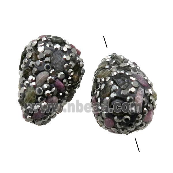Clay teardrop Beads paved rhinestone with tourmaline