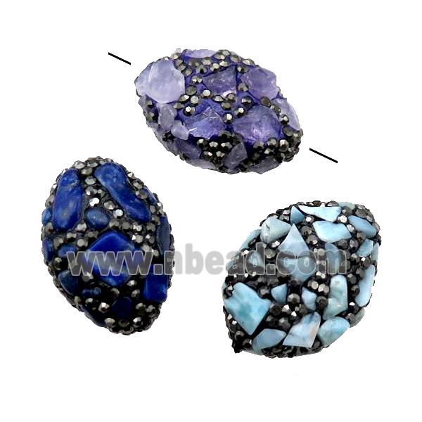 Clay oval Beads paved rhinestone with Gemstone, mixed