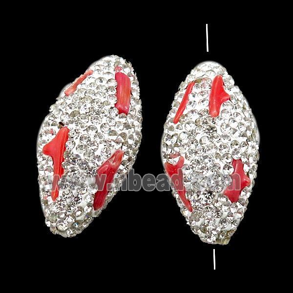 white Clay rice Beads paved rhinestone with coral